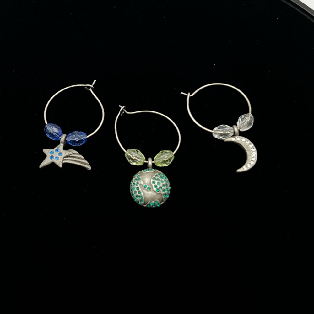 Space Wineglass Charms Set Earth Moon and Shooting Star